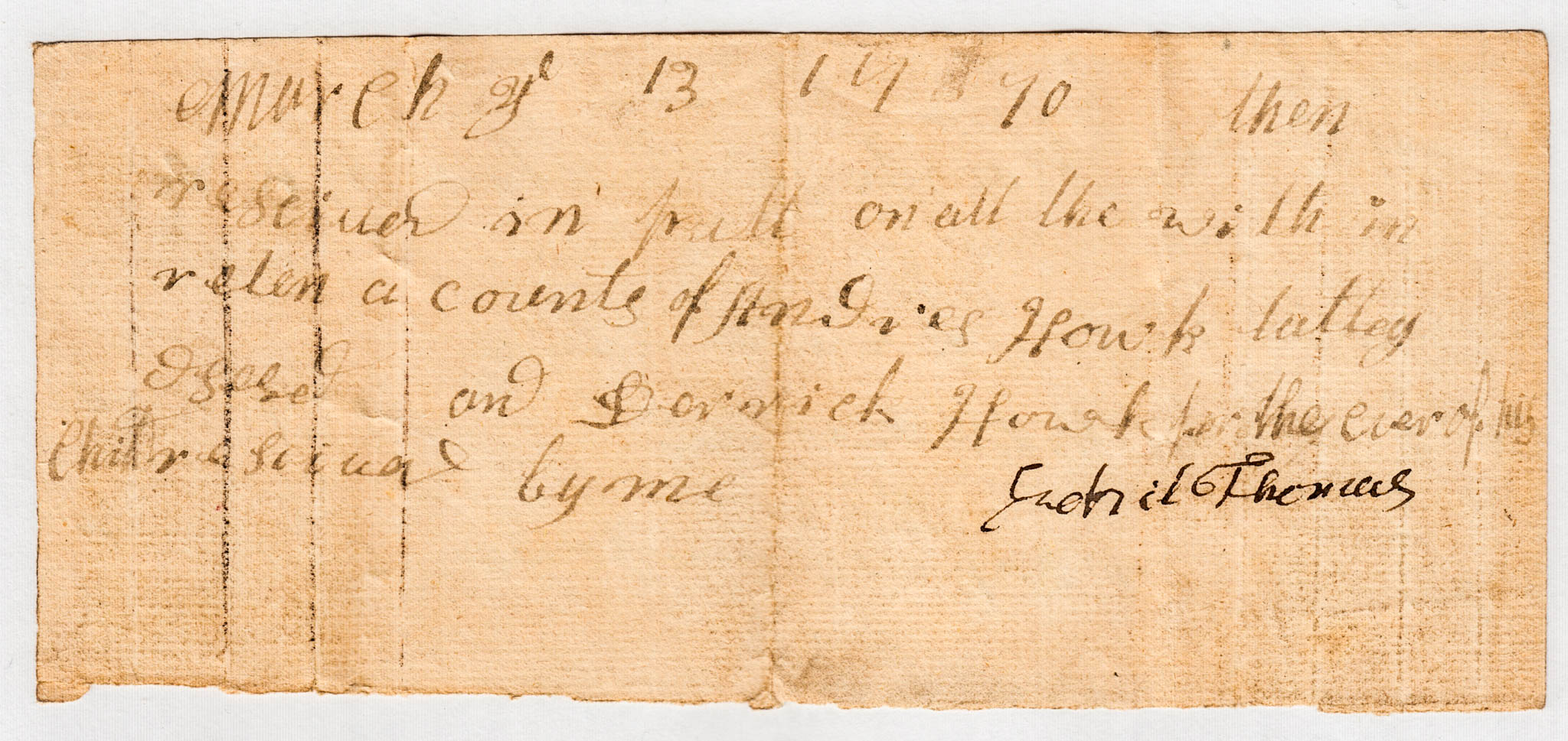 BH087 1770-03-13 Invoice & Receipt for Medical Treatment of Andries and Dirck Huyck and a Negro by Ezechiel Thomas